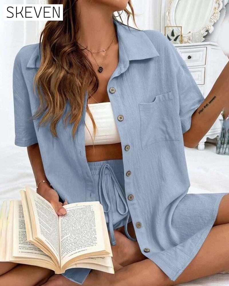 Lässiges einfarbiges Hemd- und Shorts-Set