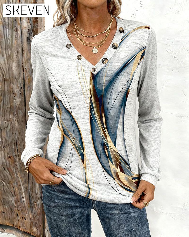 Printed V-Neck Long-Sleeved Casual Top