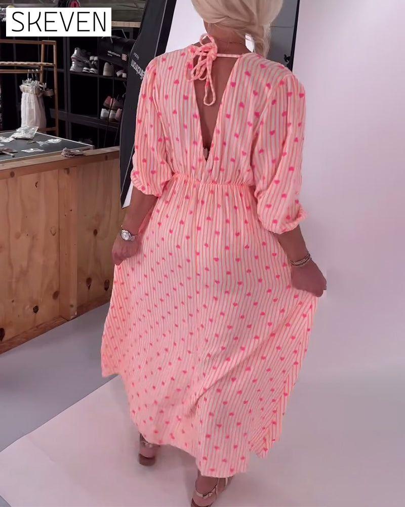 Robe élégante à col en V et imprimé cœur