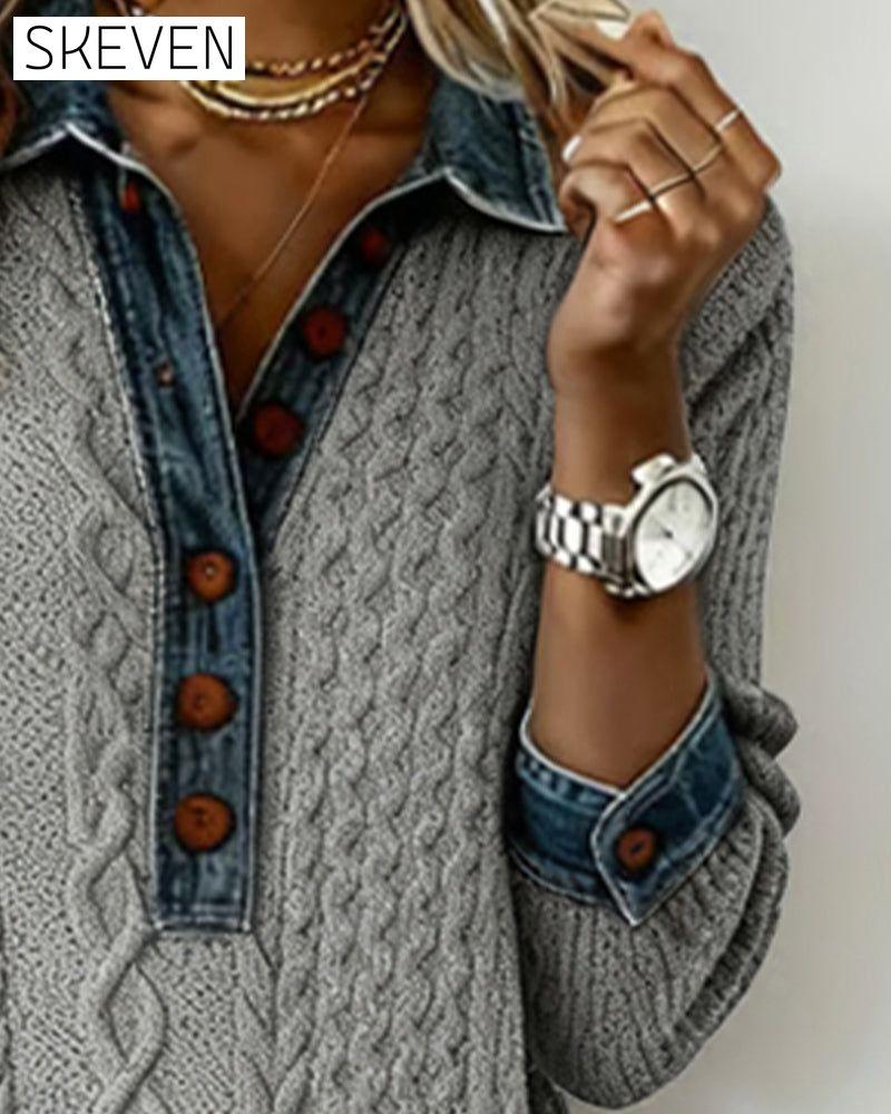 Denim cable knit patchwork collared dress