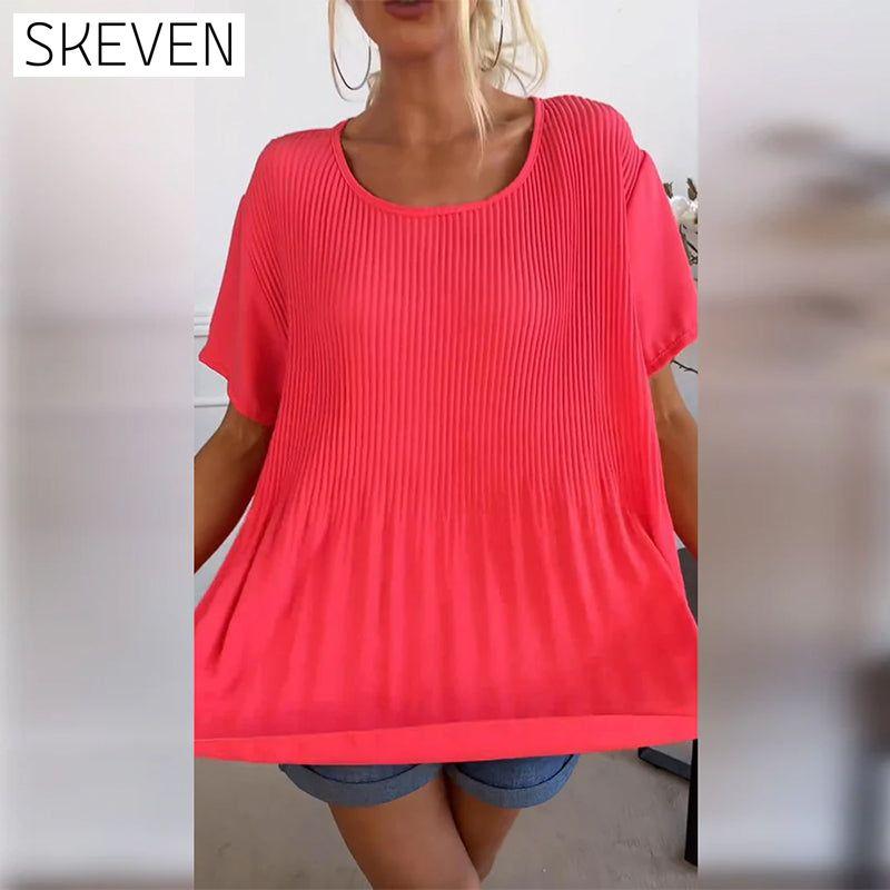 Solid color round neck pleated blouse