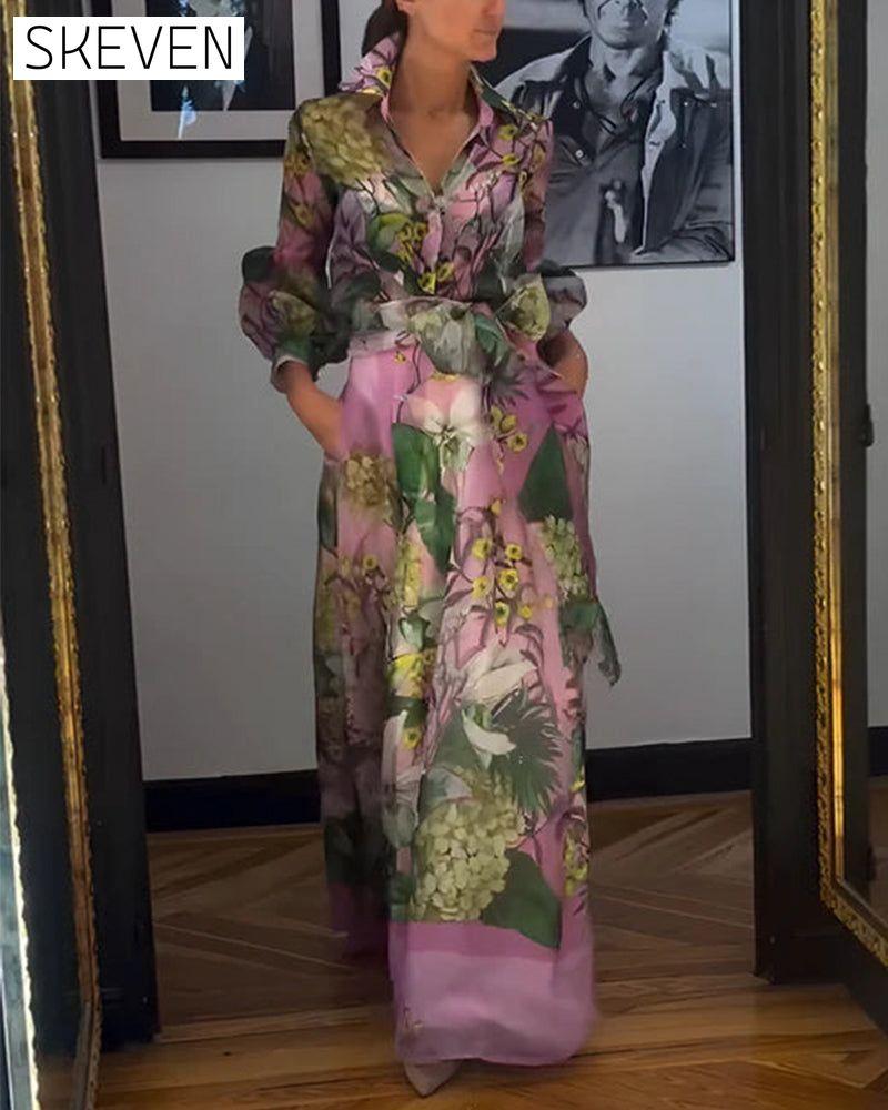 Stylish maxi dress with lapel and floral print with pocket 2024 f/w party dresses spring vacation dresses