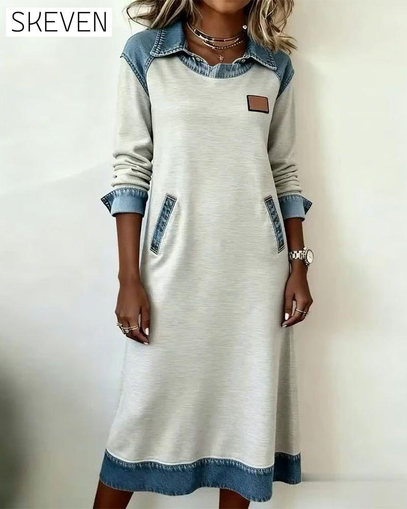 Casual Lapel Denim Patchwork Dress