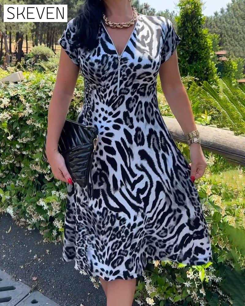 V-Neck Zip-Up Leopard Print Dress