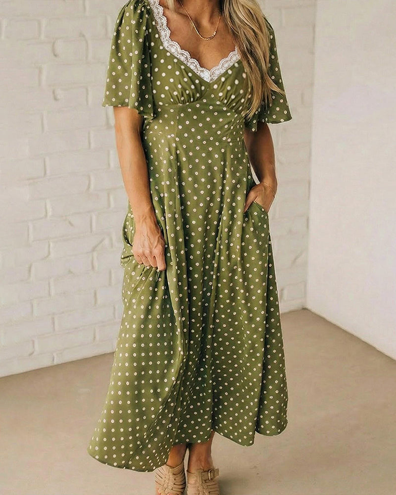 Lace Polka-Dot V-Neck Dress