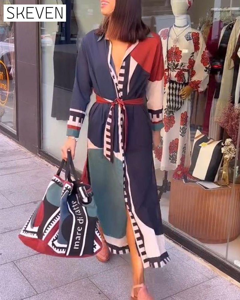 robe décontractée à revers lacé et imprimé color block