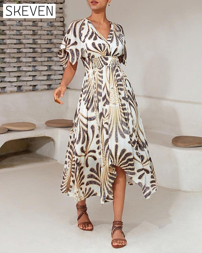 Printed V-neck irregular elegant dress