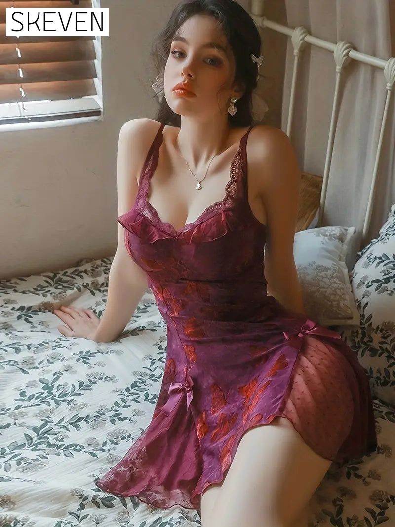 Women's Slim Fit Low V Lace-Up Butterfly Print Camisole Nightgown with Bralette and Backless Loungewear Set