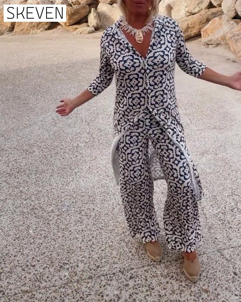 Vintage printed lapel button set 202466 spring summer two-piece sets