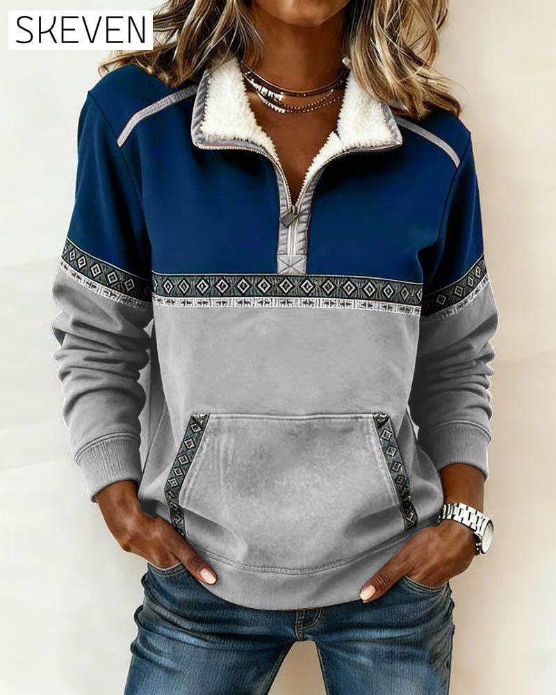 Retro-Sweatshirt mit farblich abgesetztem Pelzkragen
