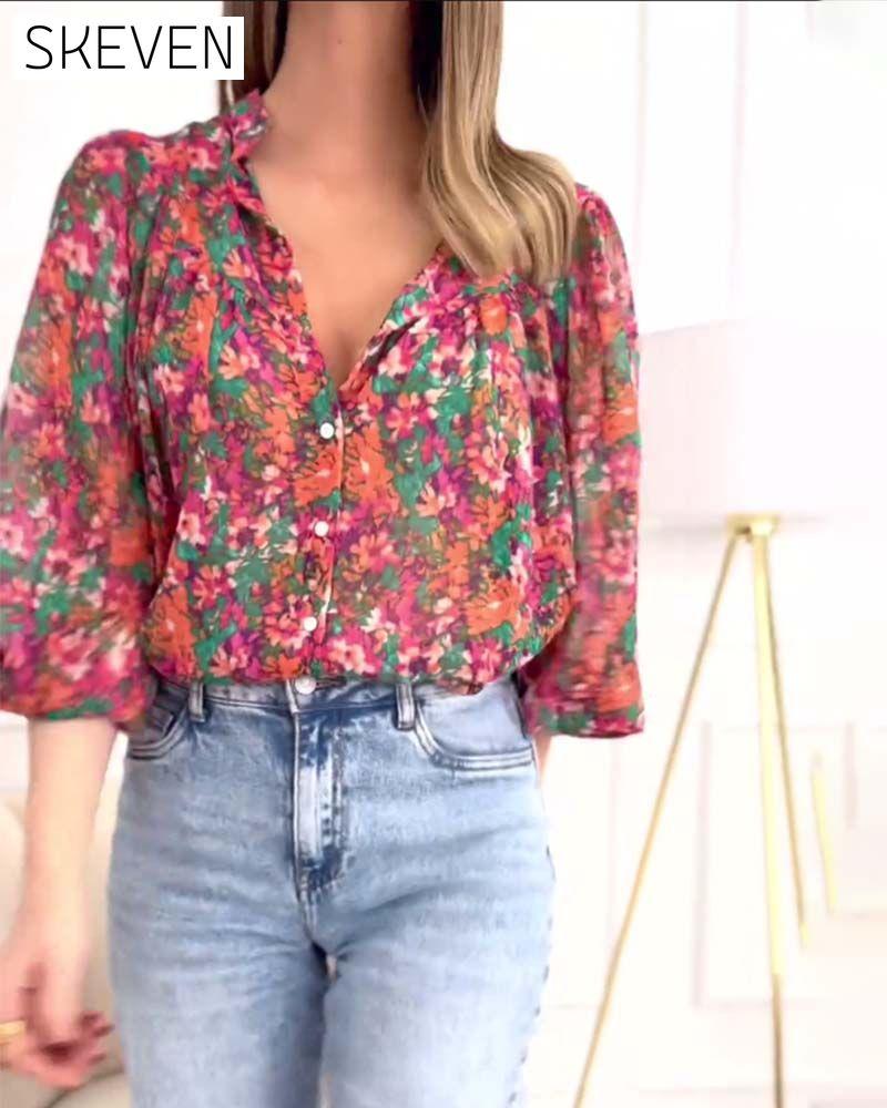 Puff-sleeve printed button-down shirt
