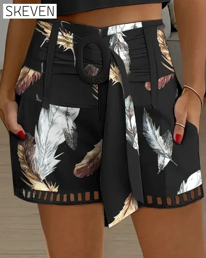Feather print cutout elegant shorts shorts summer