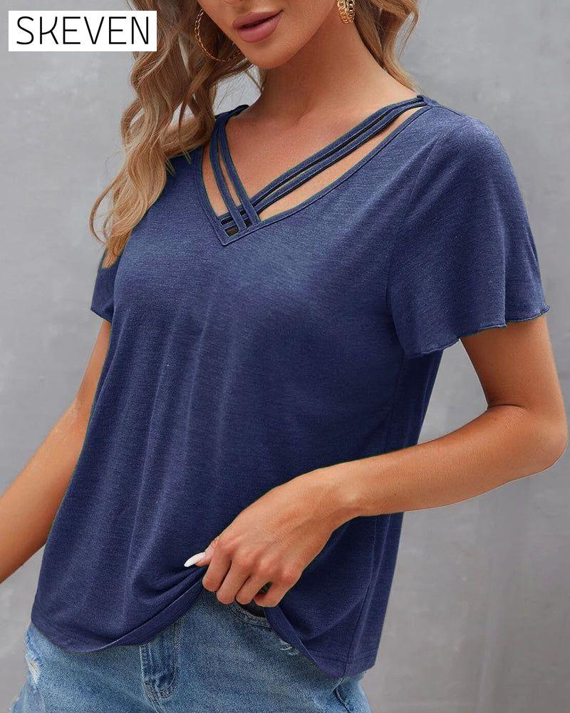 Solid color Cut Out T-shirt 23BF clothes Short Sleeve Tops Summer T-shirts Tops/Blouses