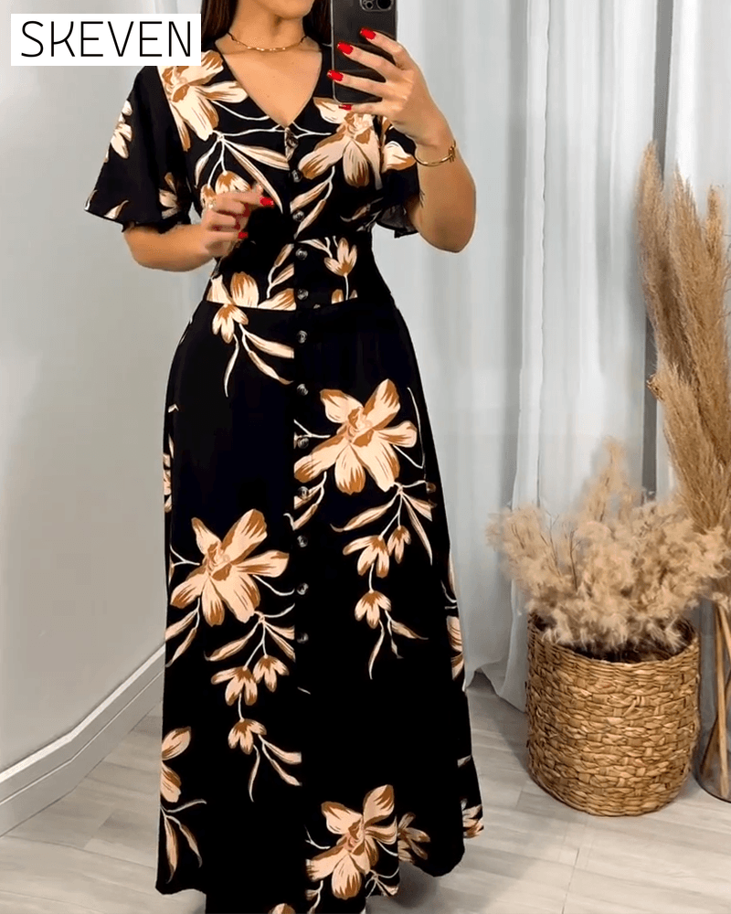 Robe à col V et taille haute à imprimé floral