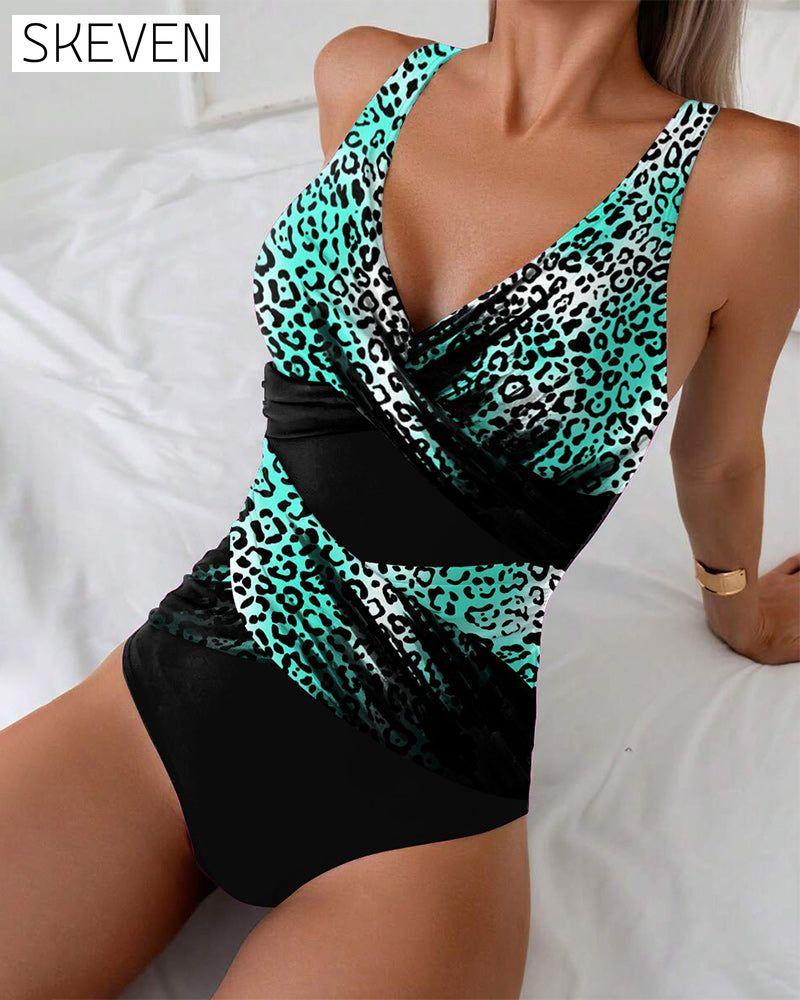 Maillot de bain une pièce à imprimé léopard et blocs de couleurs