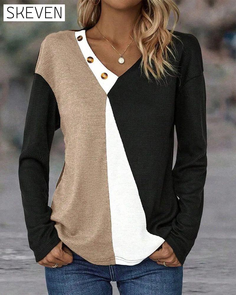 V-Neck Contrast Button Top