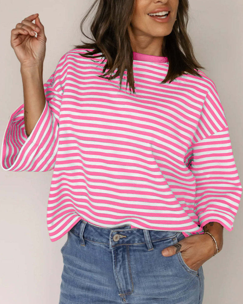 Crew Neck Back Hollow Bow Striped T-Shirt