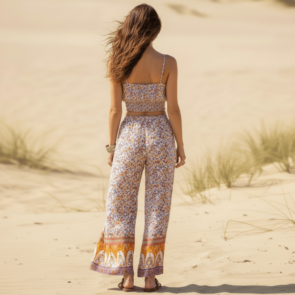 Boho Dusty Rose Floral Print Crop Top & Wide Leg Pants Set