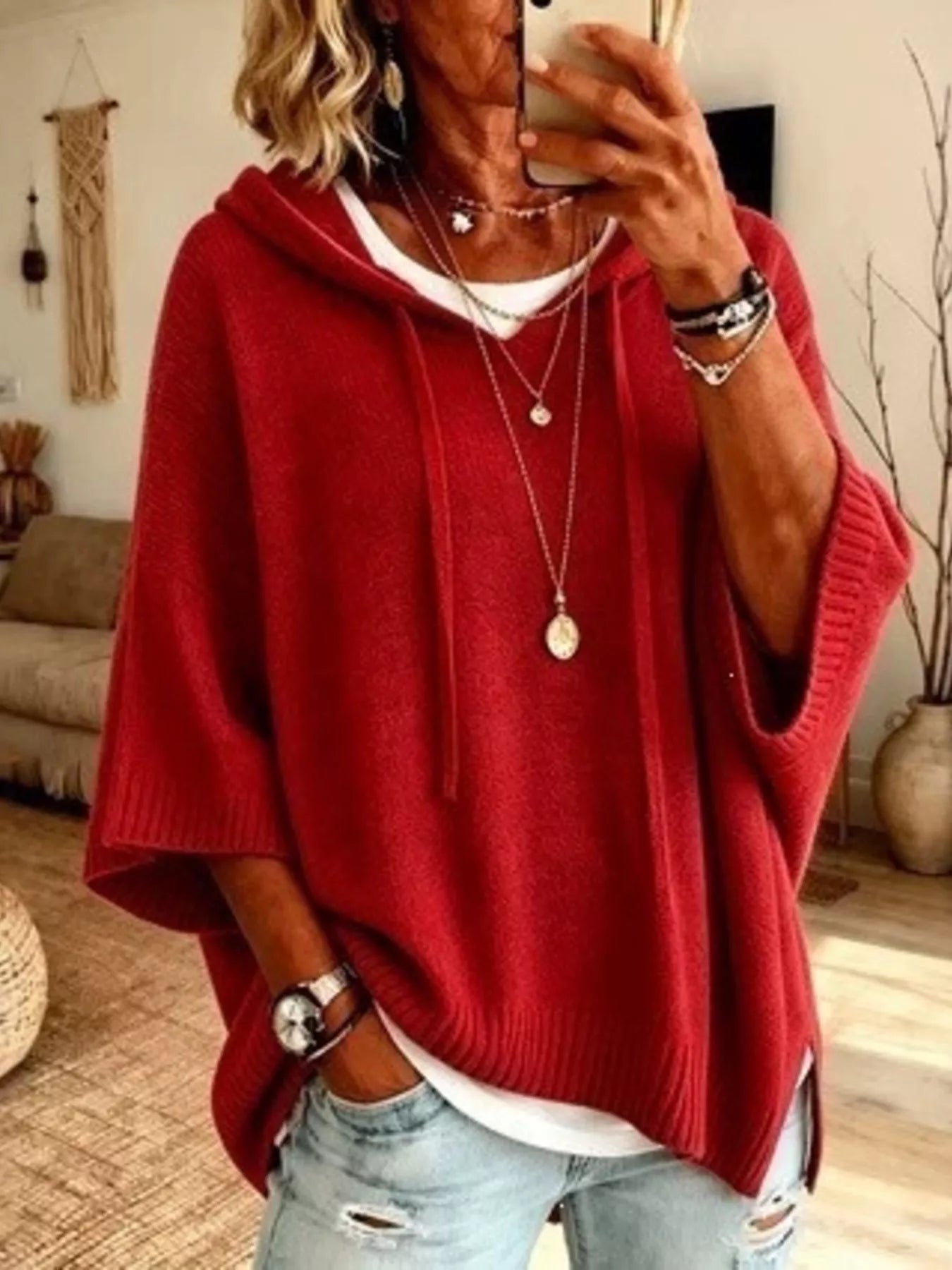 Full Size Casual Hooded Batwing Sleeve Knit Sweater Plus Size