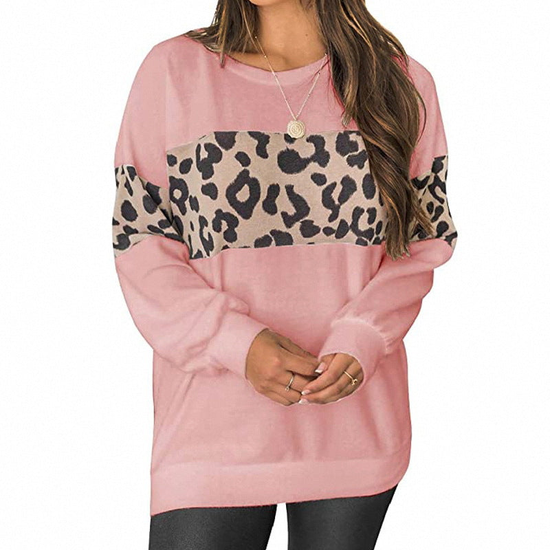 Women's Long-Sleeved Leopard Print Stitching Sweater T-Shirt