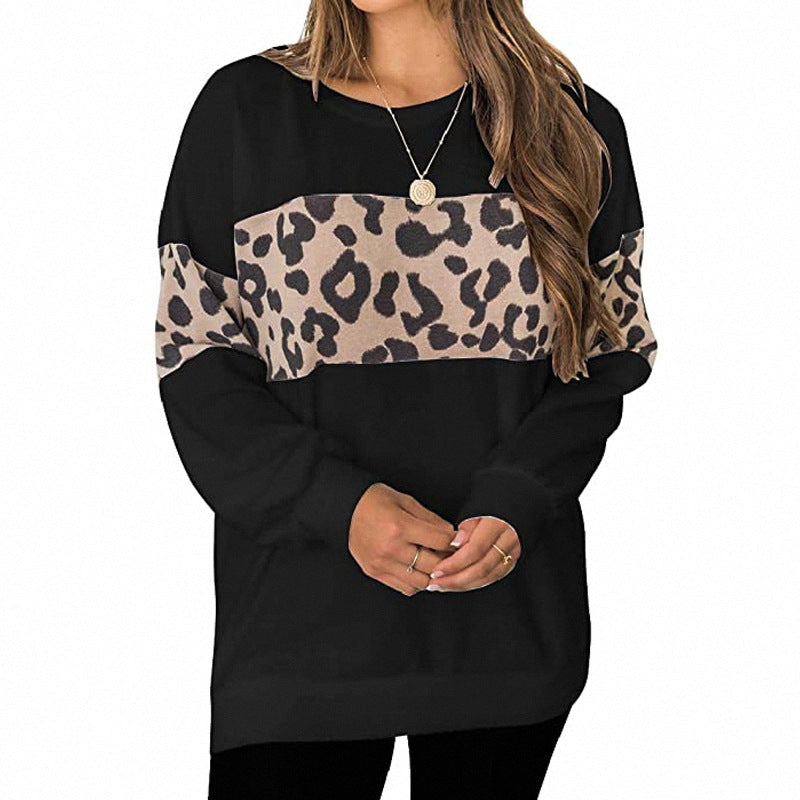 Women's Long-Sleeved Leopard Print Stitching Sweater T-Shirt