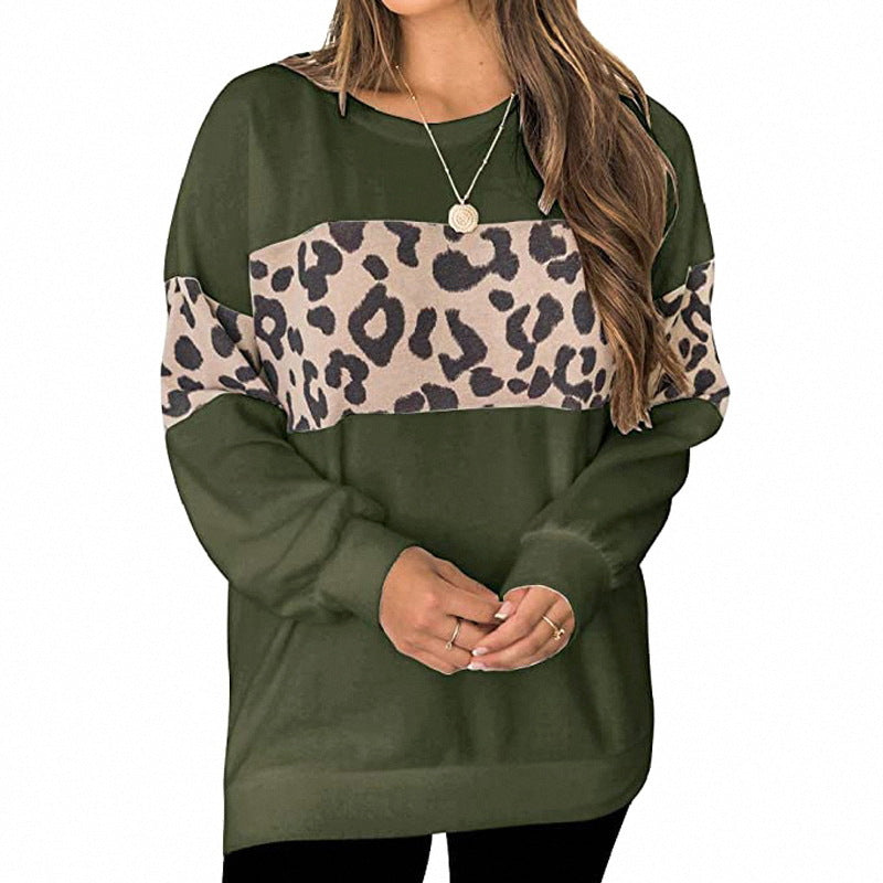 Women's Long-Sleeved Leopard Print Stitching Sweater T-Shirt
