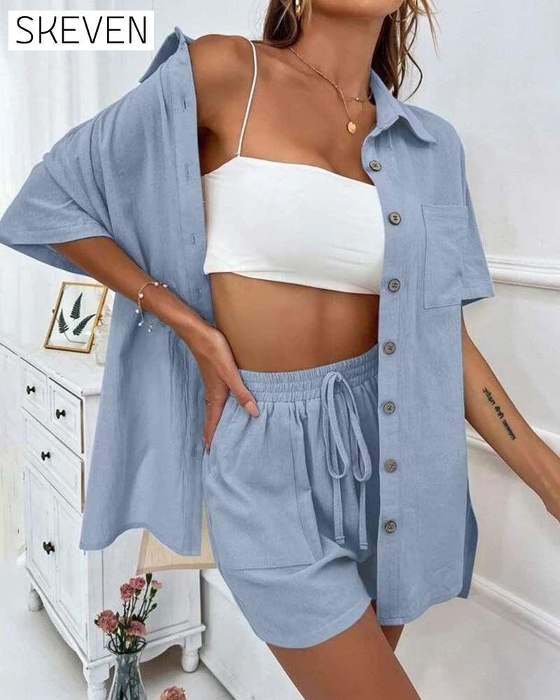 Lässiges einfarbiges Hemd- und Shorts-Set