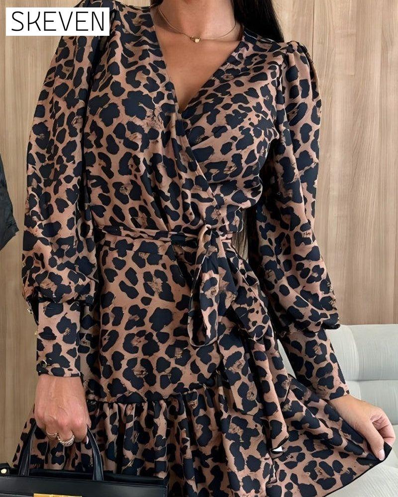 💖Black-Friday-Mega-Angebot💖Wickelkleid mit Leopardenmuster, V-Ausschnitt und Taillengürtel