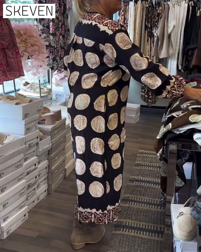 Long-Sleeved V-Neck Printed Dress