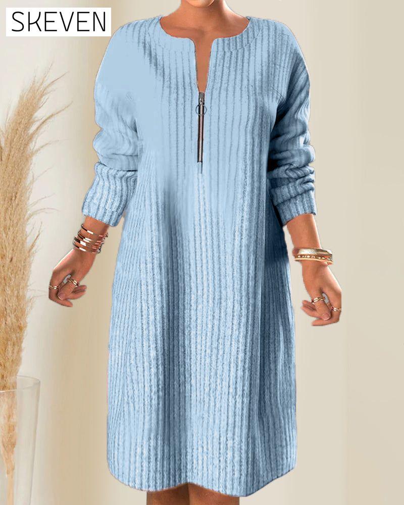 Solid Color Zipper Neck Dress