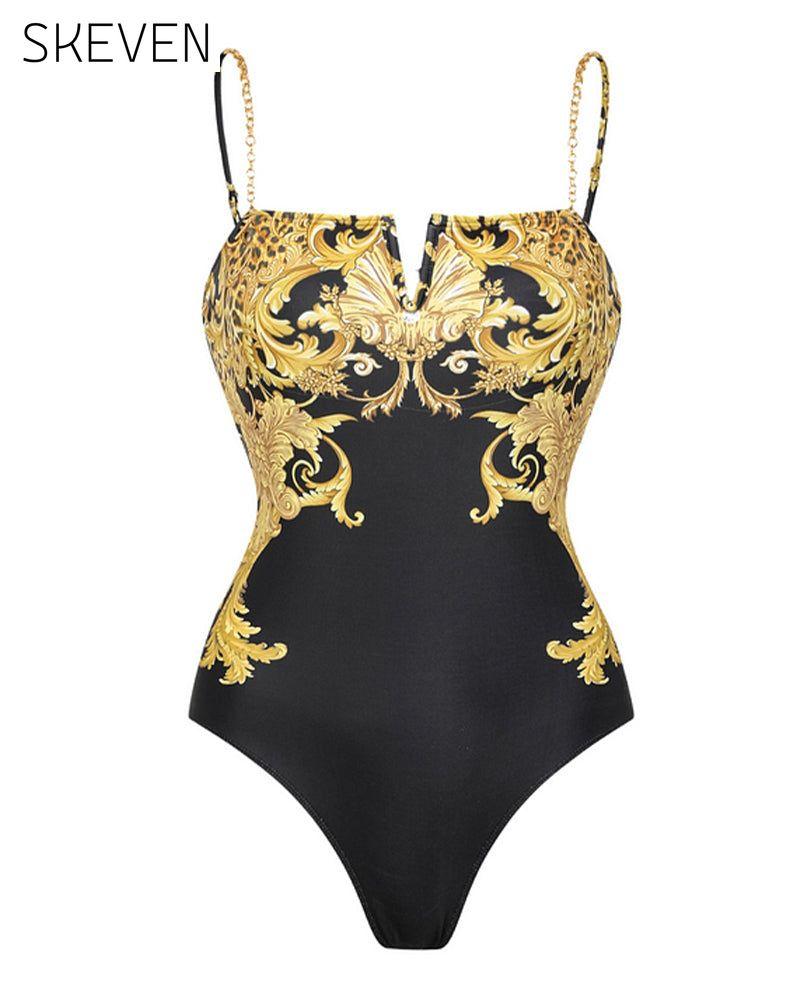 Vintage Badeanzug mit bedrucktem Mesh-Gewebe und Sonnenschutz