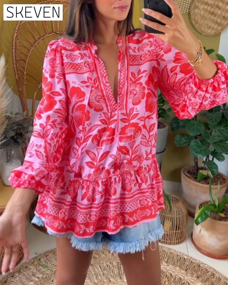 Floral print deep V blouse