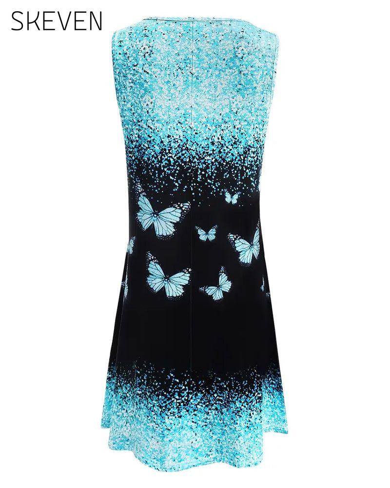 Ärmelloses Kleid mit V-Ausschnitt und Schmetterlingsmuster
