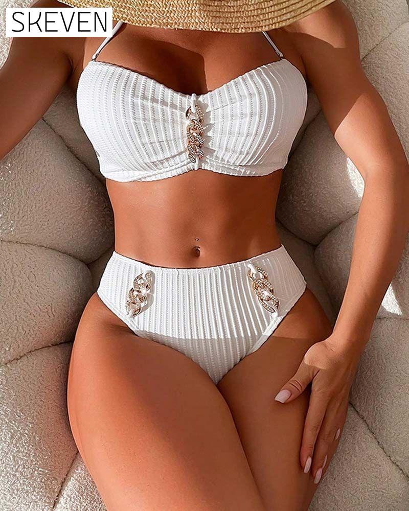 Halter Solid Color Striped Swimsuit