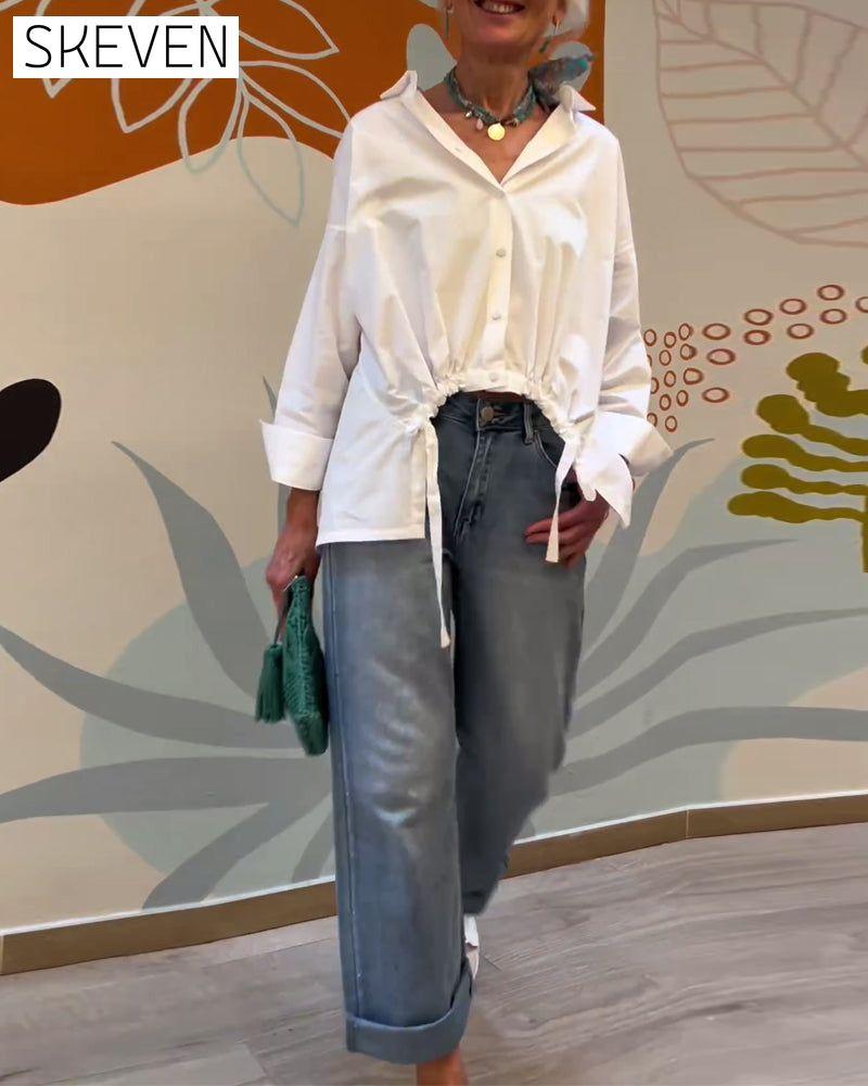 Commuting solid color lapel top White Blouses & Shirts Cotton and Linen Spring