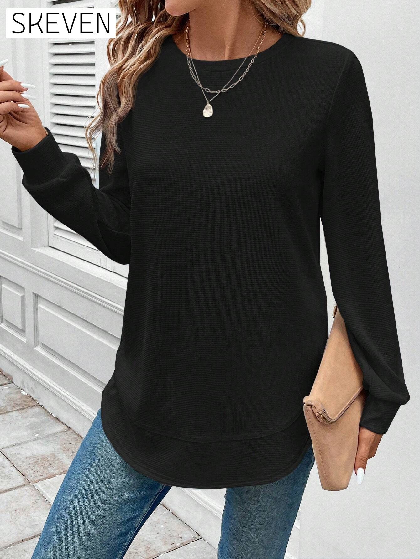 Round Neck Long Sleeve Solid Color Top