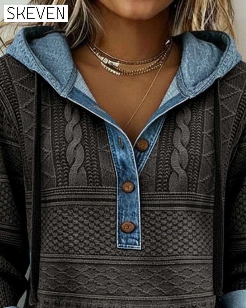 Zopfstrick-Denim-Patchwork-Hoodie