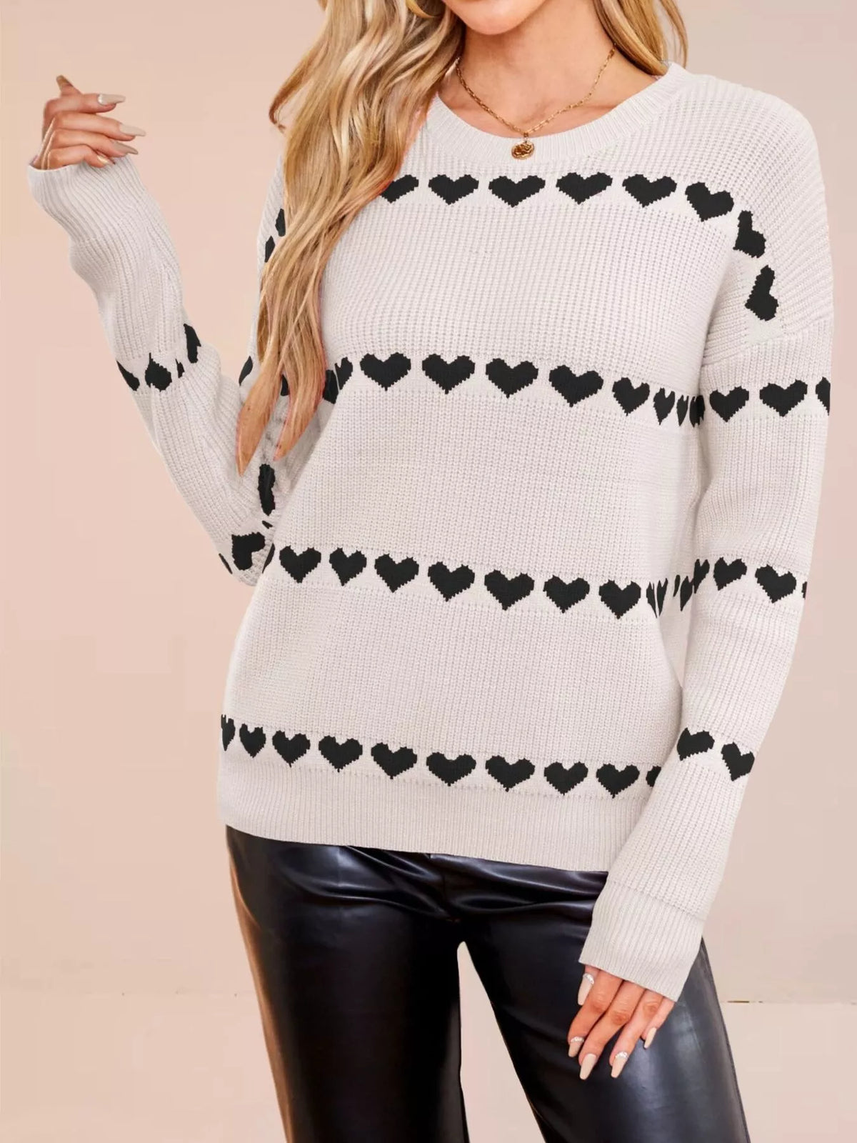 Heart Pattern Dropped Shoulder Sweater