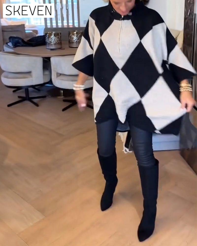 Stand-Up Collar Argyle Irregular Pullover