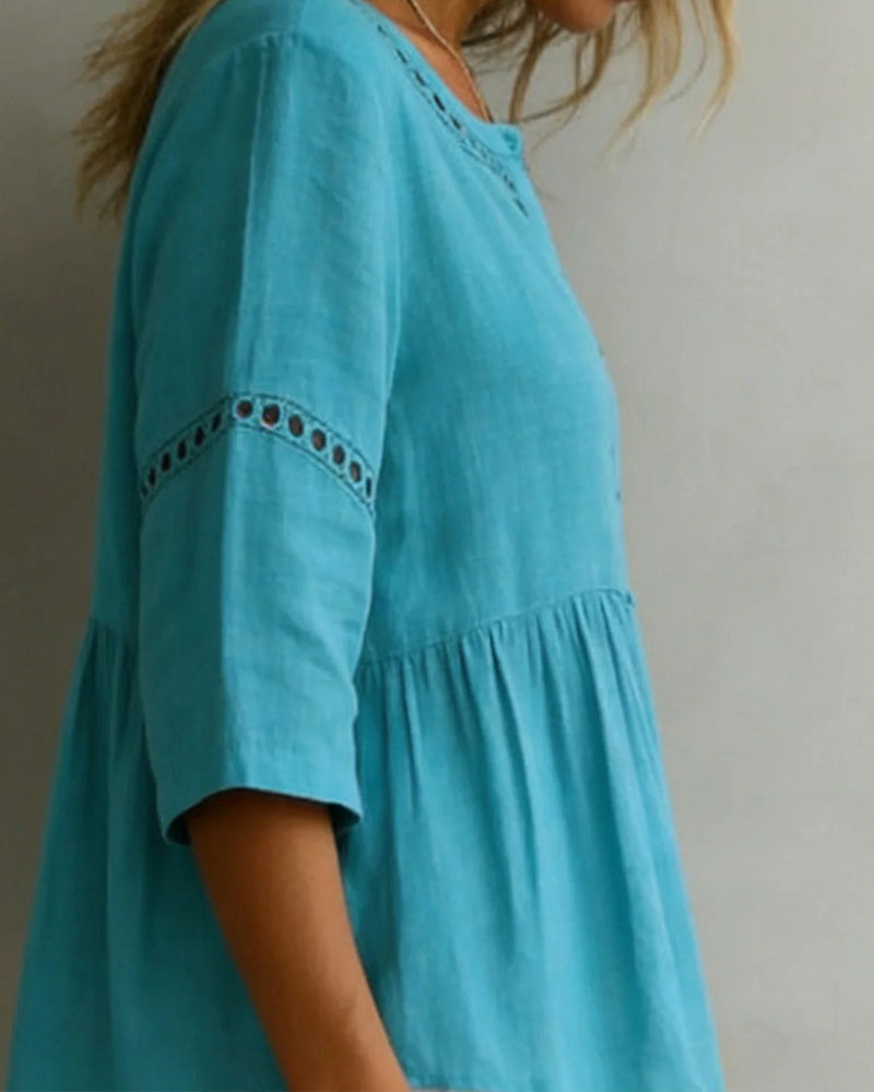 Cut-Out Patchwork Three-Quarter Sleeve Blouse