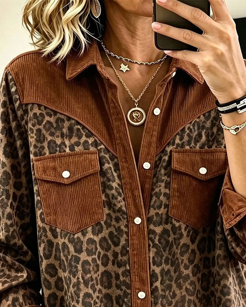 Lapel Button Leopard Color Block Shirt