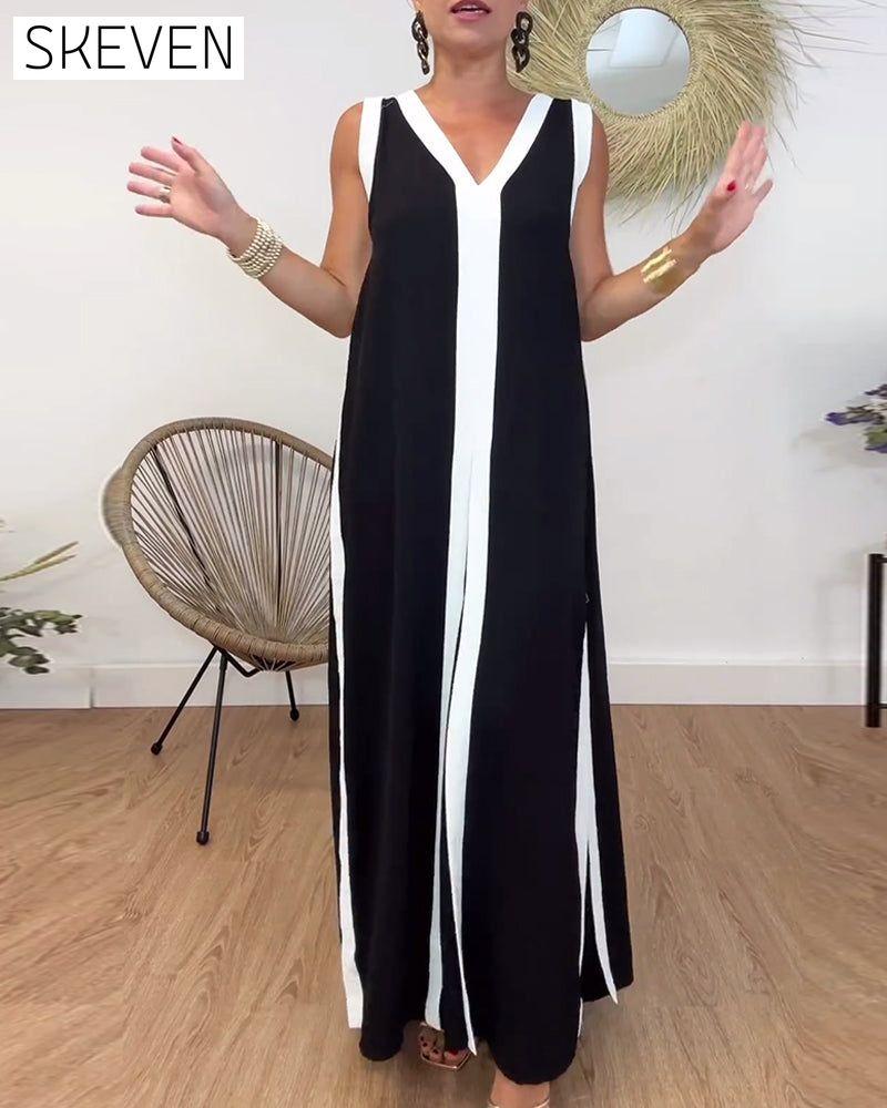 Fashionable contrasting print V-neck sleeveless dress