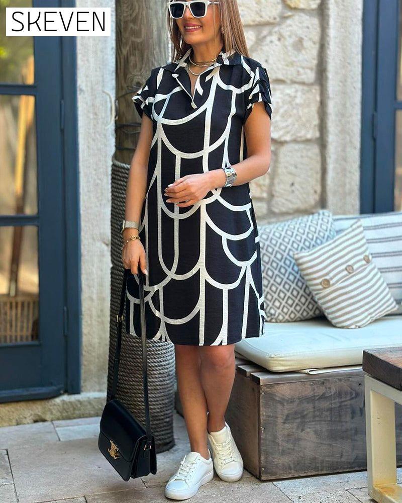 Bedrucktes, kurzärmeliges Midikleid mit Reverskragen