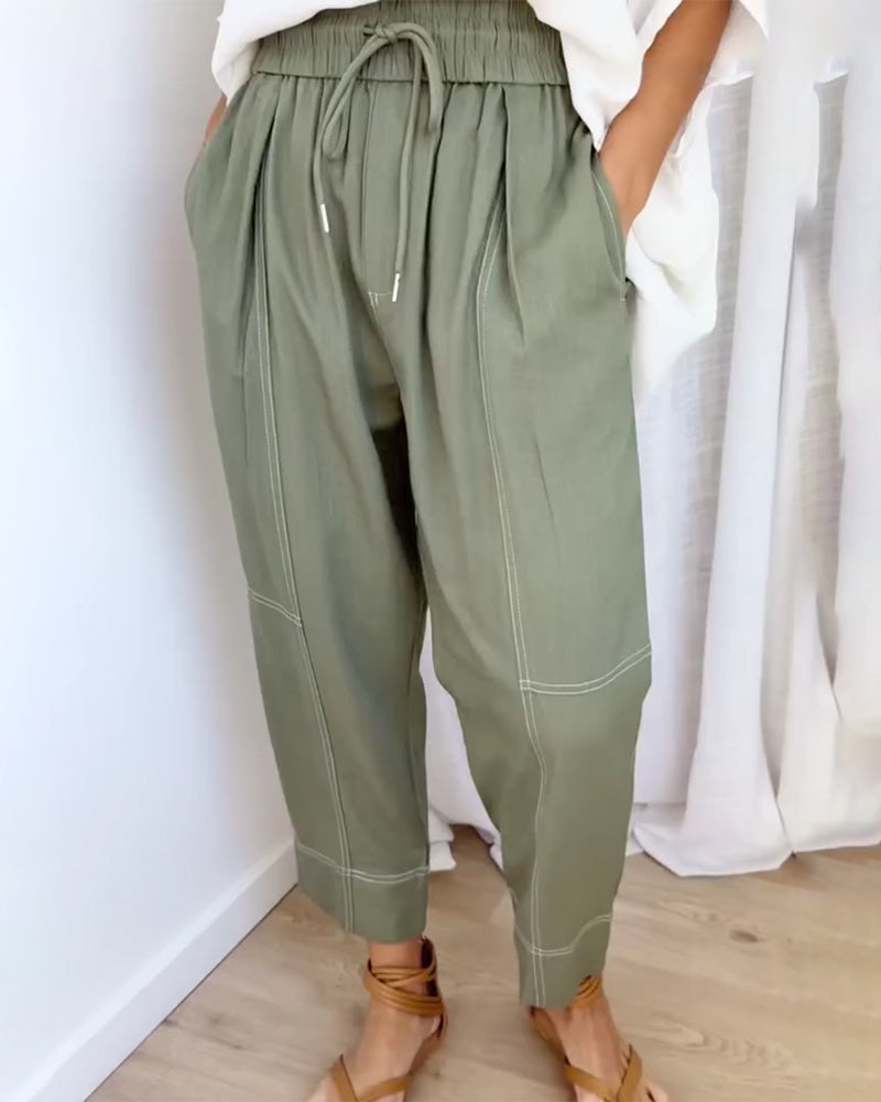Elastic Waist Drawstring Lantern Pants