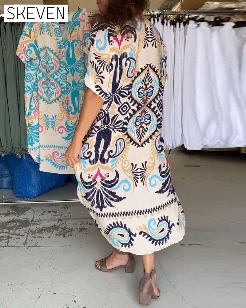 V-neck half-sleeved bohemian loose dress
