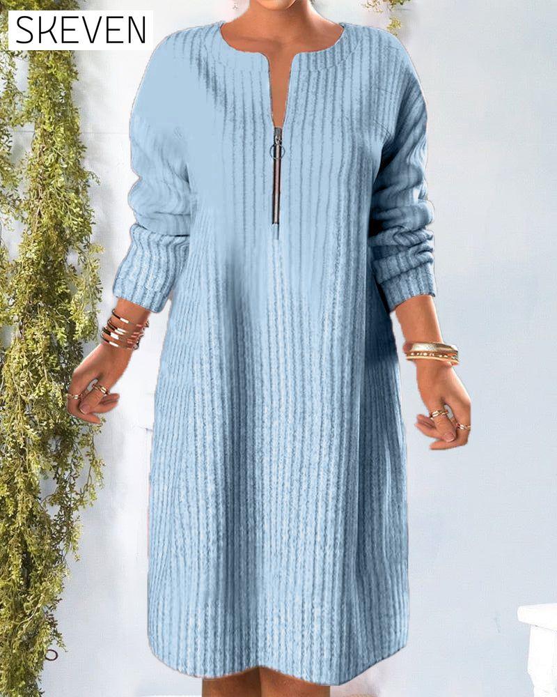 Solid Color Zipper Neck Dress