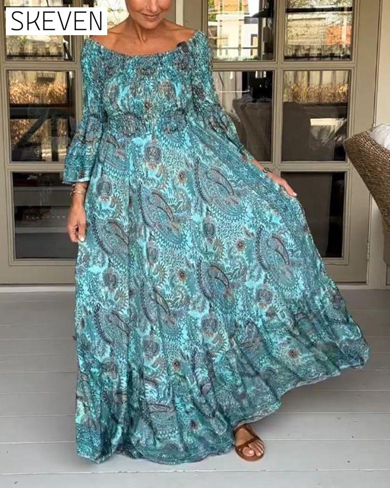 Elegant printed one-shoulder flare sleeve long dress