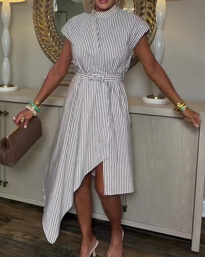 Vertical Stripe Belted Shirt Dress