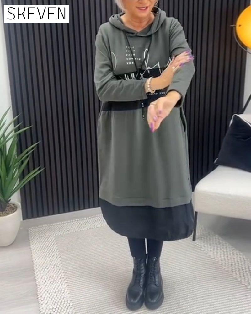Casual color block letter print pocket hooded dress