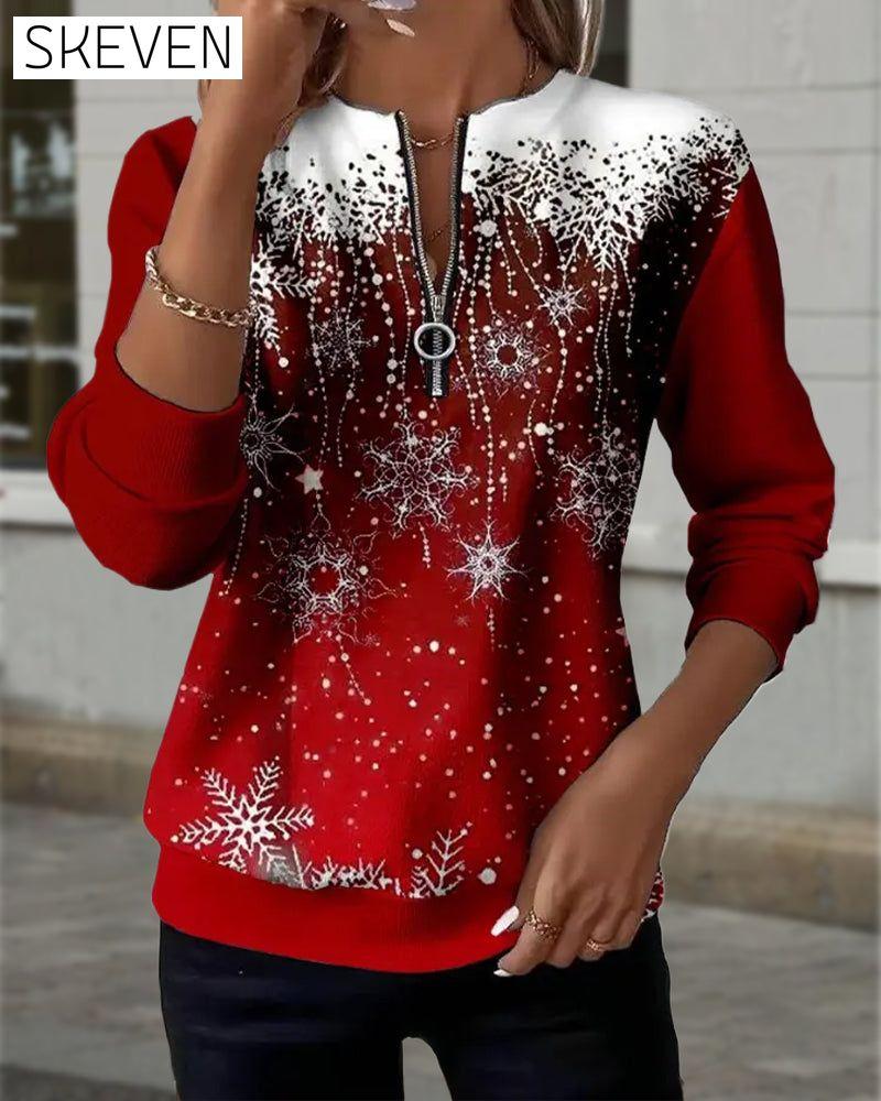 Half-Zip Snowflake Round Neck Sweatshirt